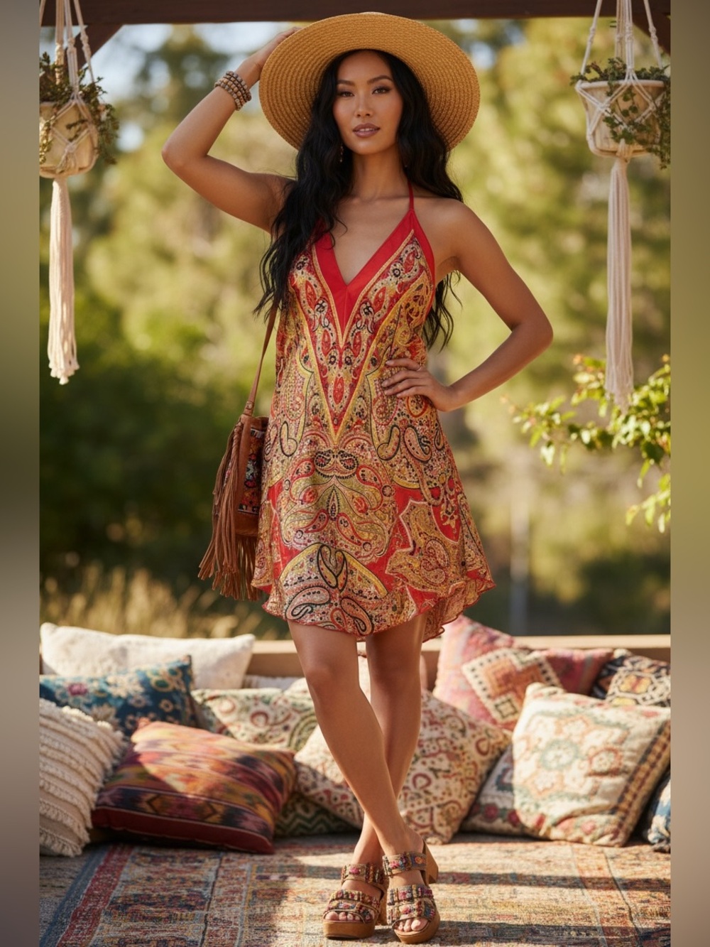 American Connection Y2K Red Paisley Print Satin Mini Dress